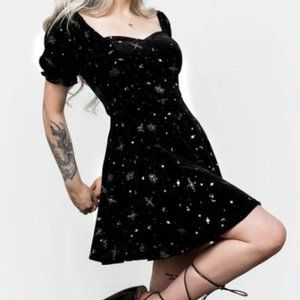 Veniri Corset Mini Dress -  Black Velvet with Silver Moons and Stars